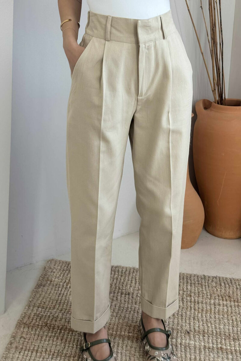 SEMI ELASTIC WAIST ONE COLOR WOMEN TROUSERS BEIGE/BEZHE - 3