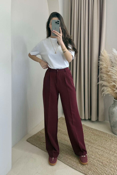 SEMI ELASTIC WAIST ONE COLOR WOMEN TROUSERS BURGUNDY/VISHNJE - KLAUDIO FASHION