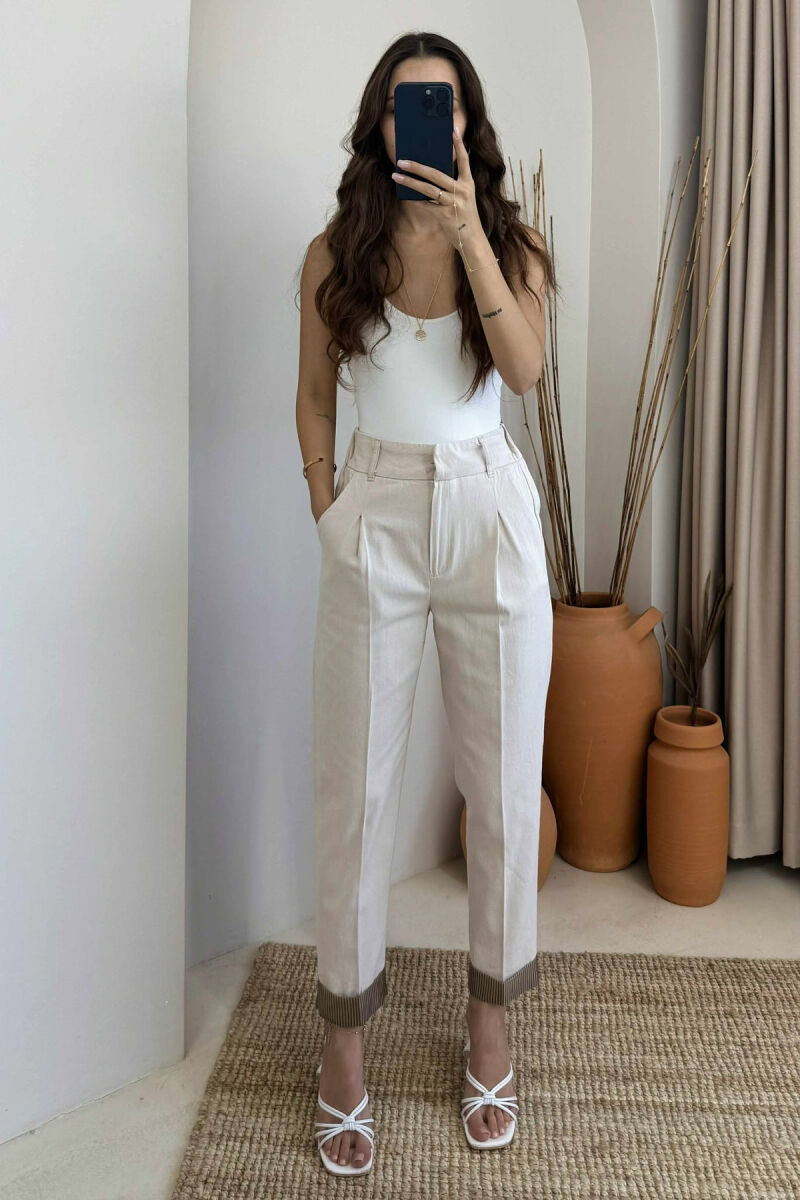 SEMI ELASTIC WAIST ONE COLOR WOMEN TROUSERS CREAM/KREM - 1