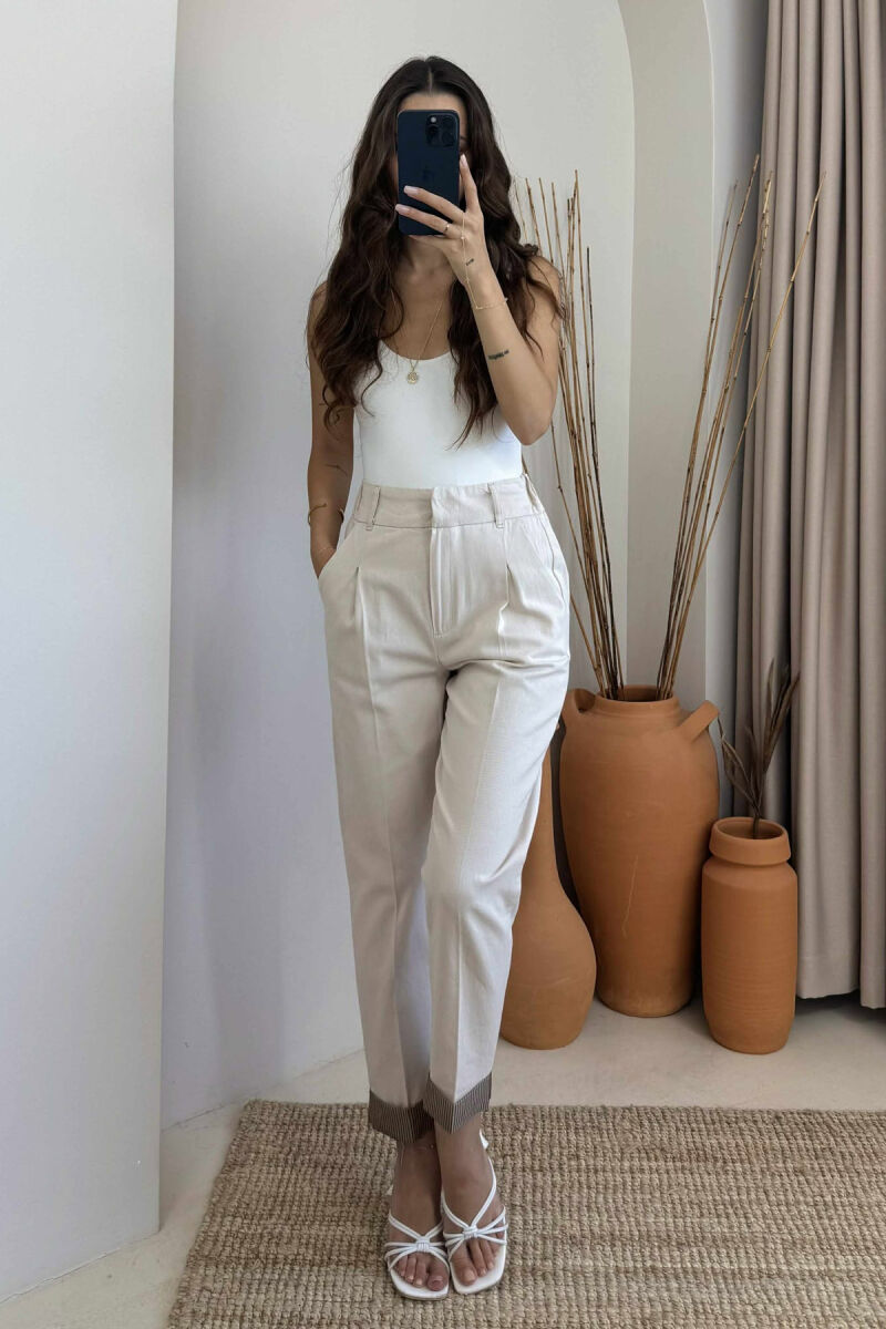 SEMI ELASTIC WAIST ONE COLOR WOMEN TROUSERS CREAM/KREM - 2