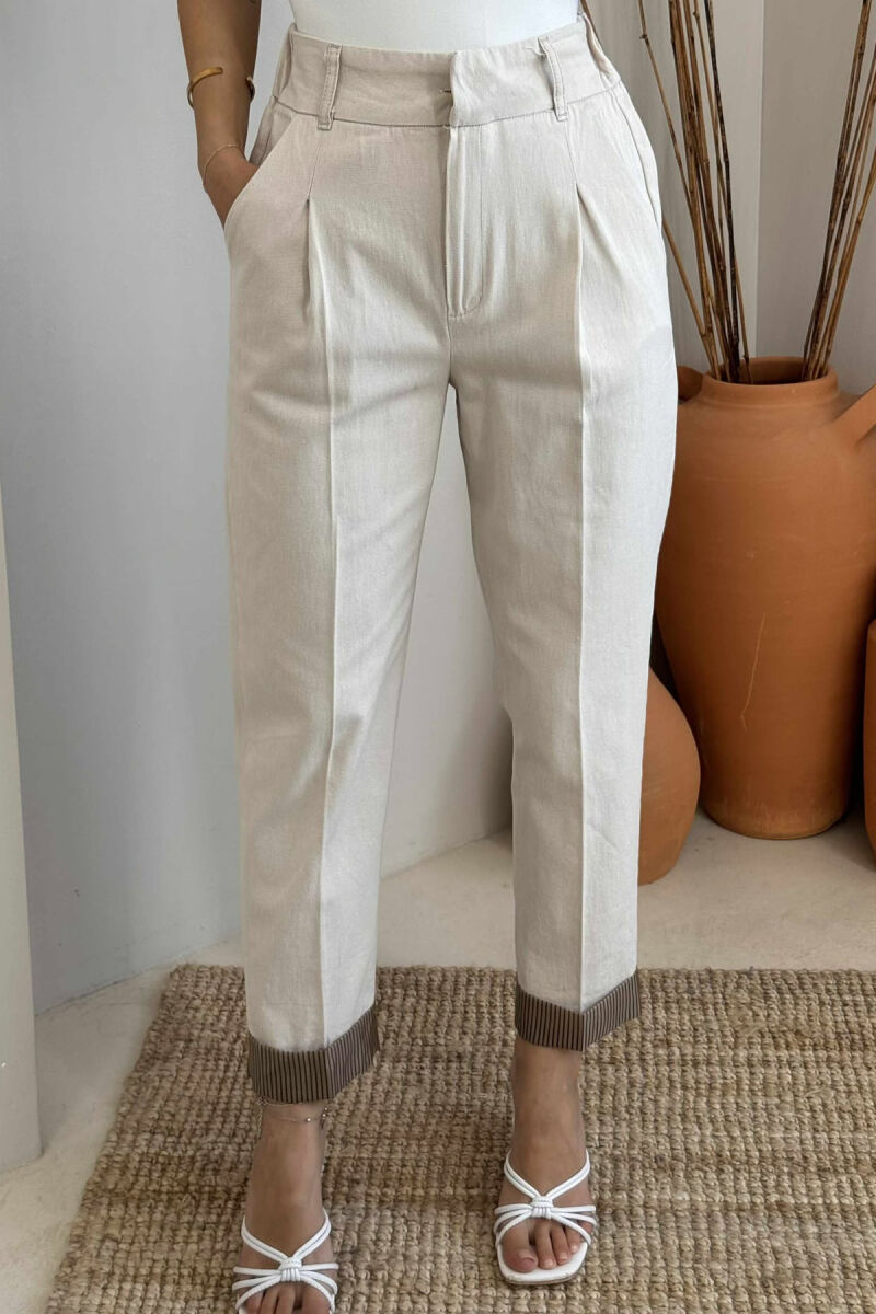 SEMI ELASTIC WAIST ONE COLOR WOMEN TROUSERS CREAM/KREM - 3
