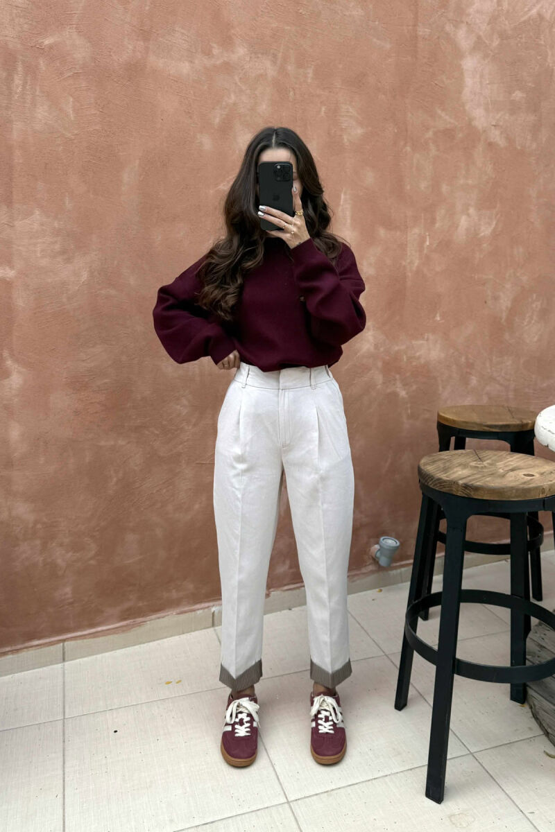 SEMI ELASTIC WAIST ONE COLOR WOMEN TROUSERS CREAM/KREM - 1
