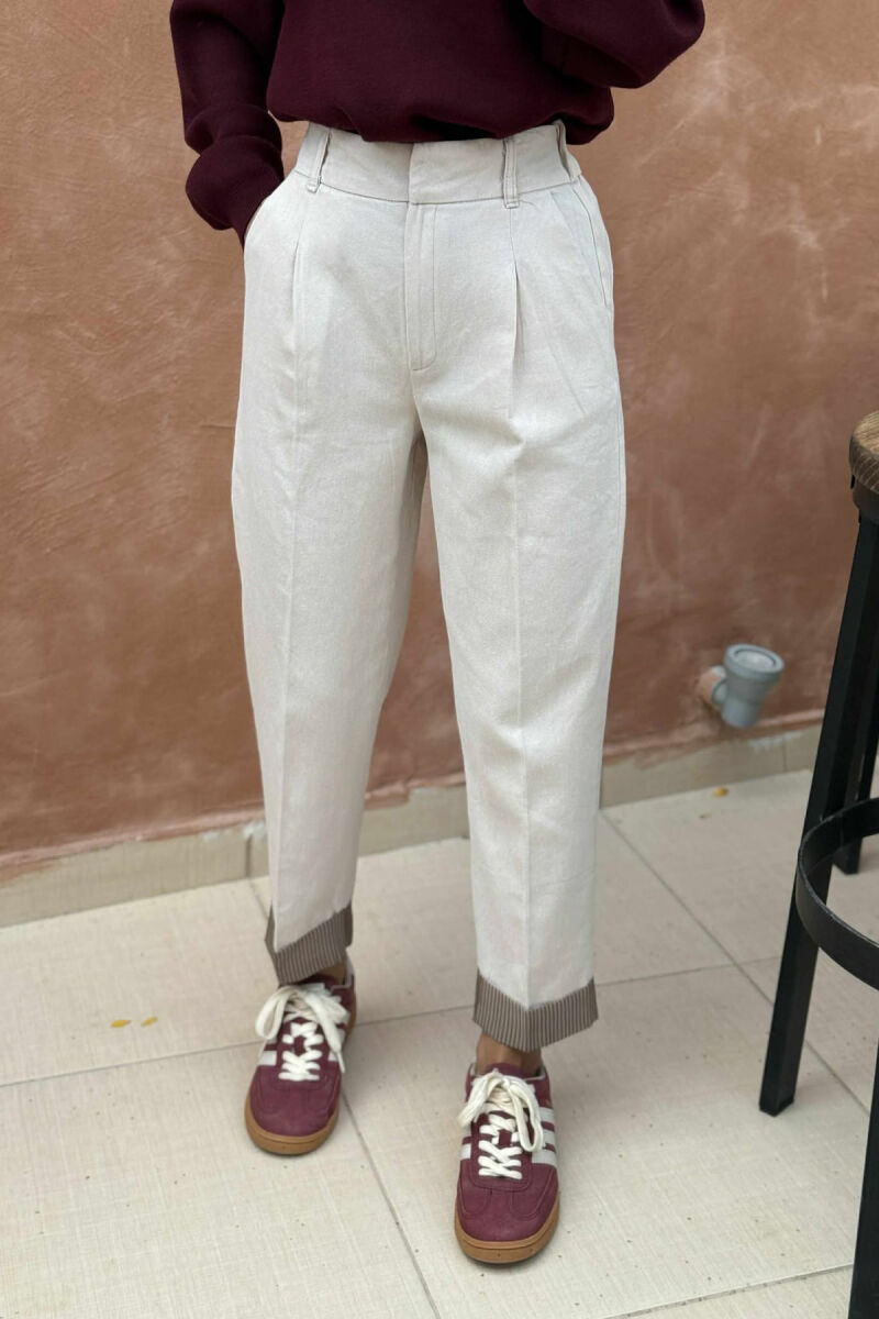 SEMI ELASTIC WAIST ONE COLOR WOMEN TROUSERS CREAM/KREM - 2