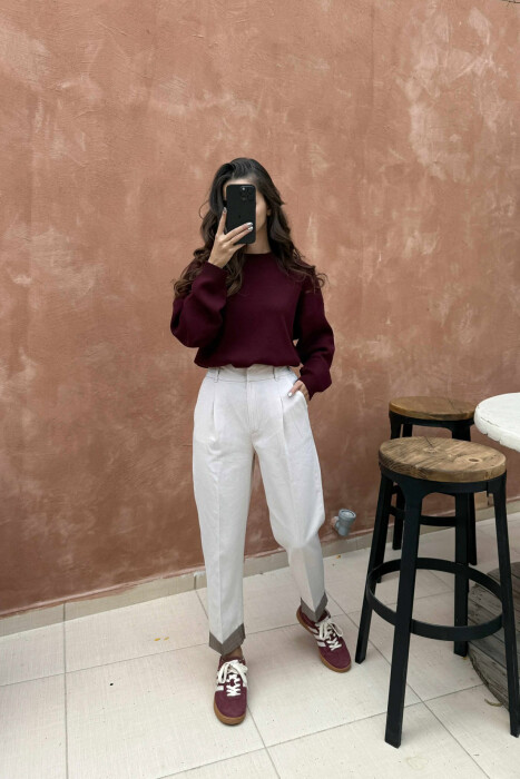 SEMI ELASTIC WAIST ONE COLOR WOMEN TROUSERS CREAM/KREM - 4