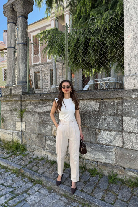 SEMI ELASTIC WAIST ONE COLOR WOMEN TROUSERS CREAM/KREM - 1