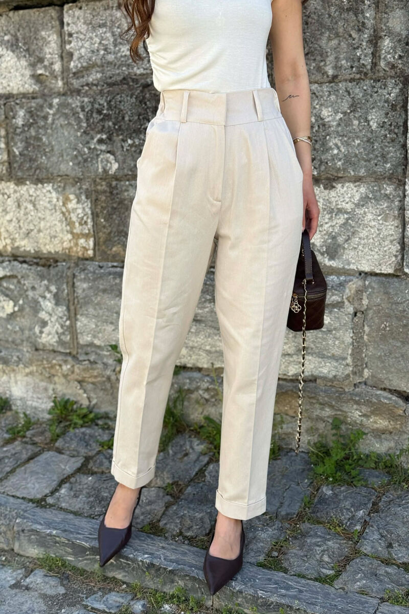 SEMI ELASTIC WAIST ONE COLOR WOMEN TROUSERS CREAM/KREM - 2