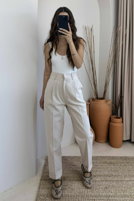 SEMI ELASTIC WAIST ONE COLOR WOMEN TROUSERS CREAM/KREM - 1