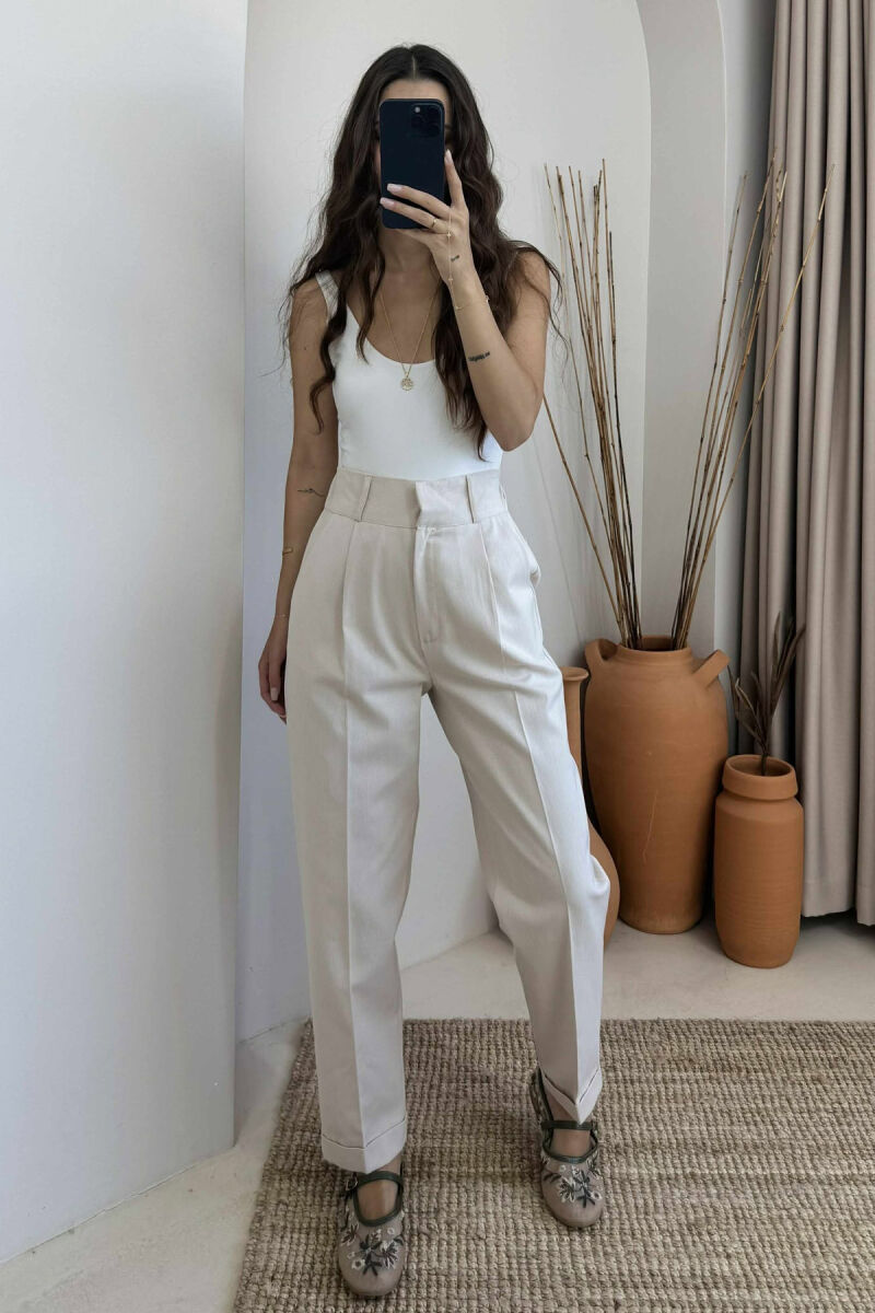 SEMI ELASTIC WAIST ONE COLOR WOMEN TROUSERS CREAM/KREM - 1