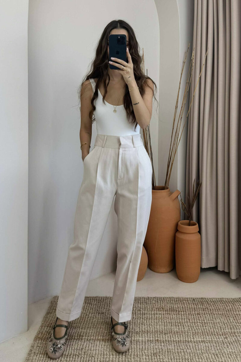 SEMI ELASTIC WAIST ONE COLOR WOMEN TROUSERS CREAM/KREM - 2