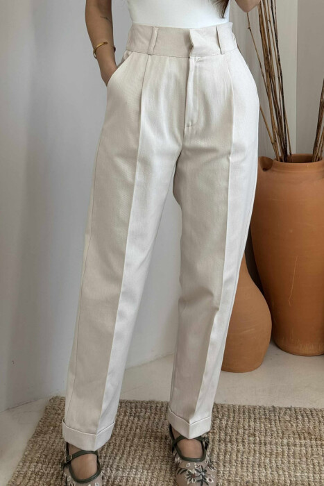 SEMI ELASTIC WAIST ONE COLOR WOMEN TROUSERS CREAM/KREM - 3