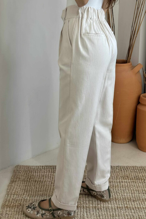 SEMI ELASTIC WAIST ONE COLOR WOMEN TROUSERS CREAM/KREM - 4