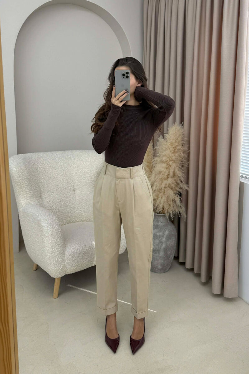 SEMI ELASTIC WAIST ONE COLOR WOMEN TROUSERS CREAM/KREM - 1