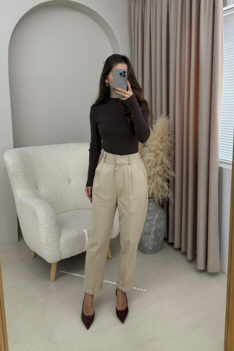 SEMI ELASTIC WAIST ONE COLOR WOMEN TROUSERS CREAM/KREM - 2