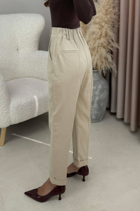 SEMI ELASTIC WAIST ONE COLOR WOMEN TROUSERS CREAM/KREM - 3