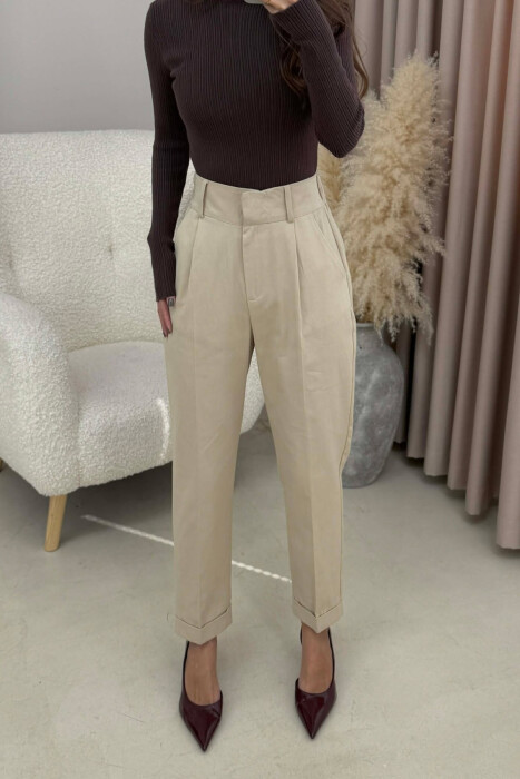 SEMI ELASTIC WAIST ONE COLOR WOMEN TROUSERS CREAM/KREM - 4
