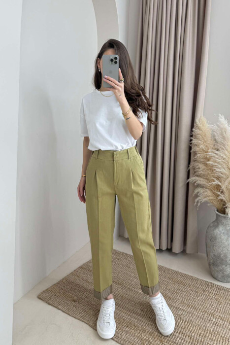 SEMI ELASTIC WAIST ONE COLOR WOMEN TROUSERS GREEN/JESHILE - 1