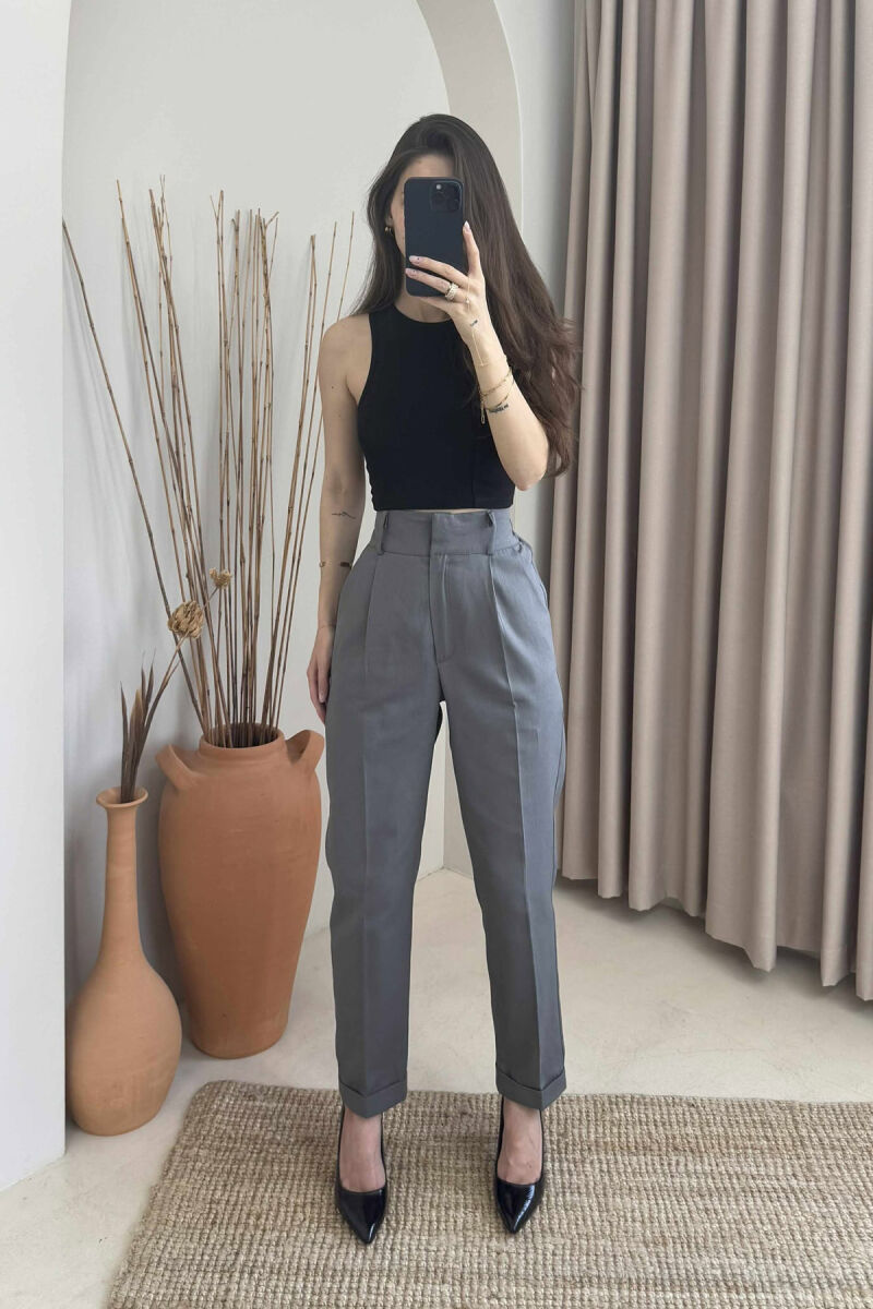 SEMI ELASTIC WAIST ONE COLOR WOMEN TROUSERS GREY/GRI - 1
