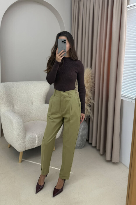 SEMI ELASTIC WAIST ONE COLOR WOMEN TROUSERS OLIVE/ULLI - 1