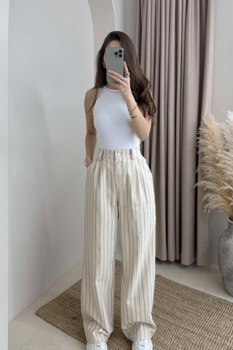 SEMI ELASTIC WAIST WIDE LEG STRIPED WOMEN TROUSERS CREAM/KREM - KLAUDIO FASHION