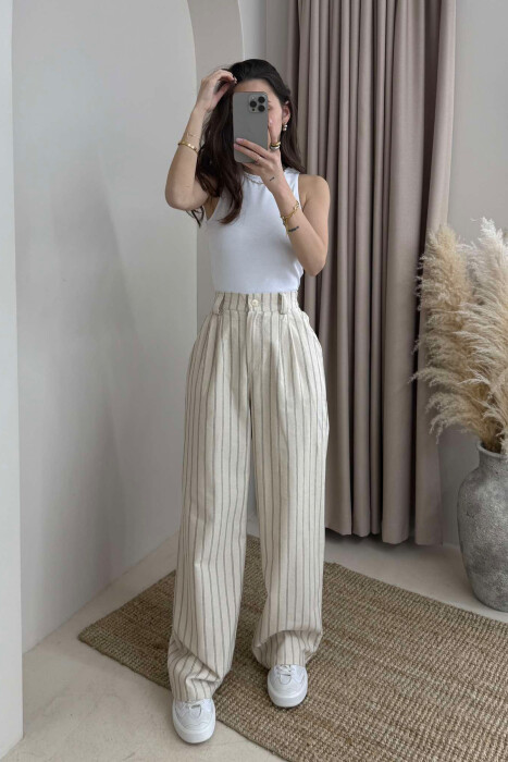 SEMI ELASTIC WAIST WIDE LEG STRIPED WOMEN TROUSERS CREAM/KREM - 2