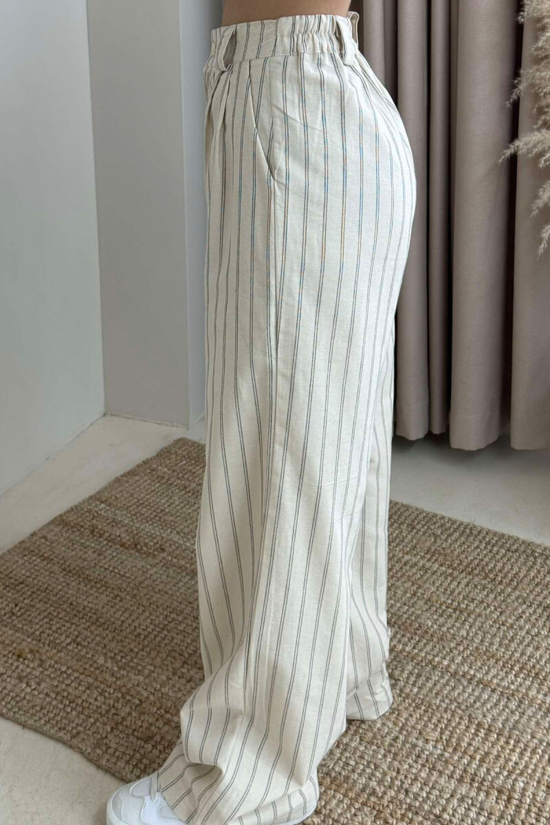 SEMI ELASTIC WAIST WIDE LEG STRIPED WOMEN TROUSERS CREAM/KREM - 3