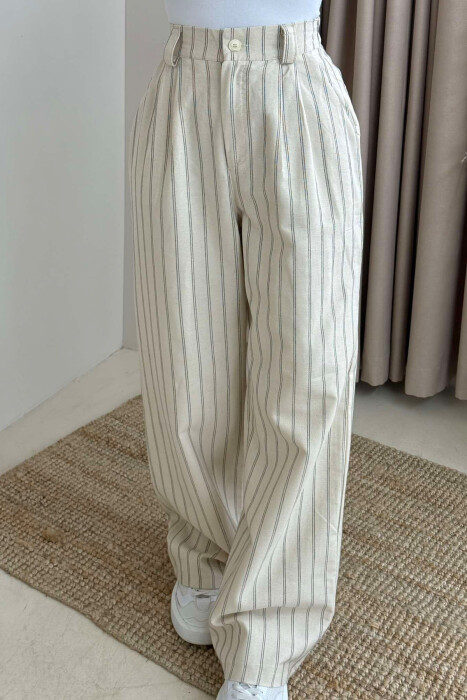 SEMI ELASTIC WAIST WIDE LEG STRIPED WOMEN TROUSERS CREAM/KREM - 4