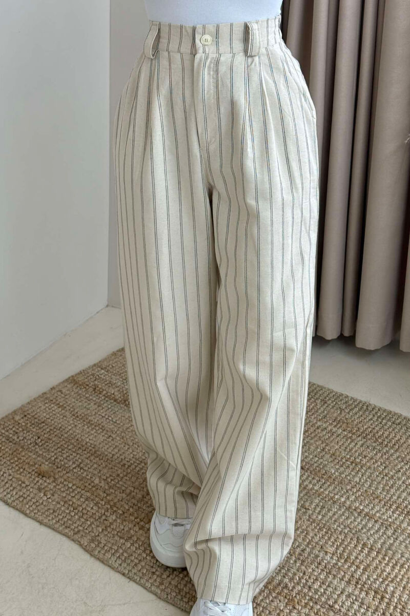 SEMI ELASTIC WAIST WIDE LEG STRIPED WOMEN TROUSERS CREAM/KREM - 4