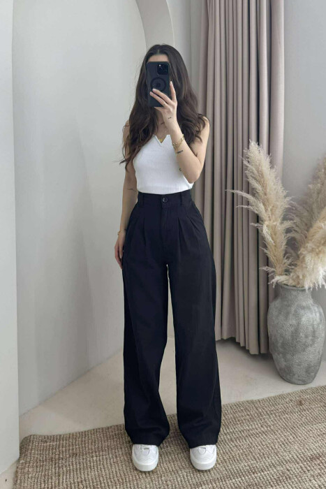 SEMI ELASTIC WAIST WIDE LEG WOMEN TROUSERS BLACK/ E ZEZE - 1