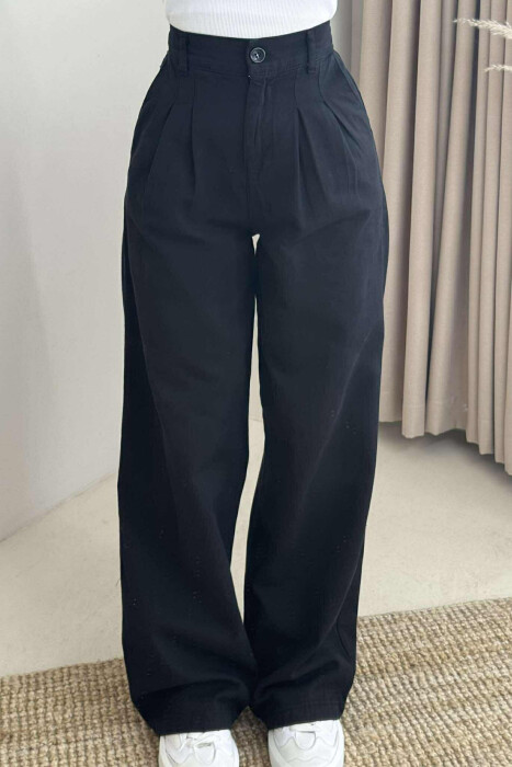 SEMI ELASTIC WAIST WIDE LEG WOMEN TROUSERS BLACK/ E ZEZE - 3