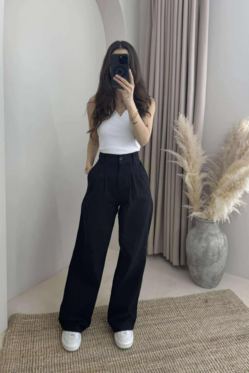 SEMI ELASTIC WAIST WIDE LEG WOMEN TROUSERS BLACK/ E ZEZE - 4