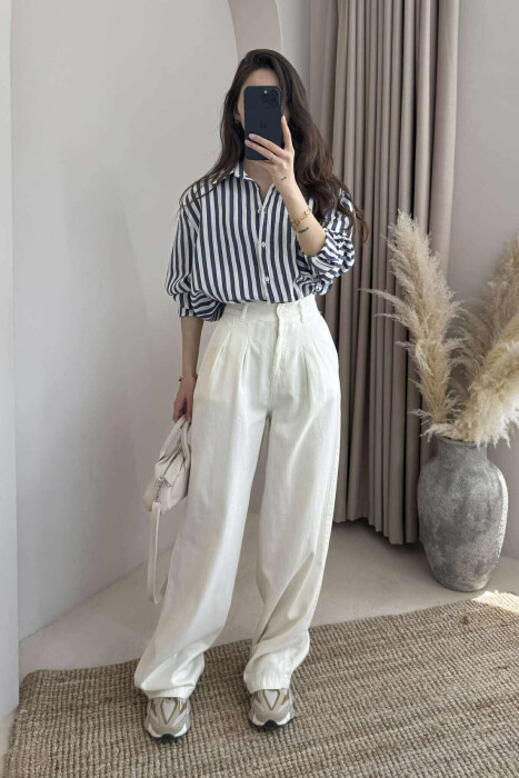 SEMI ELASTIC WAIST WIDE LEG WOMEN TROUSERS CREAM/KREM 