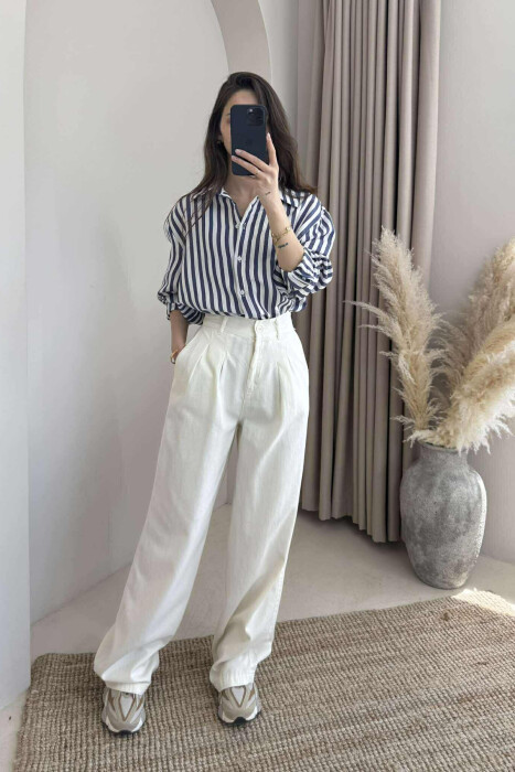 SEMI ELASTIC WAIST WIDE LEG WOMEN TROUSERS CREAM/KREM - 2