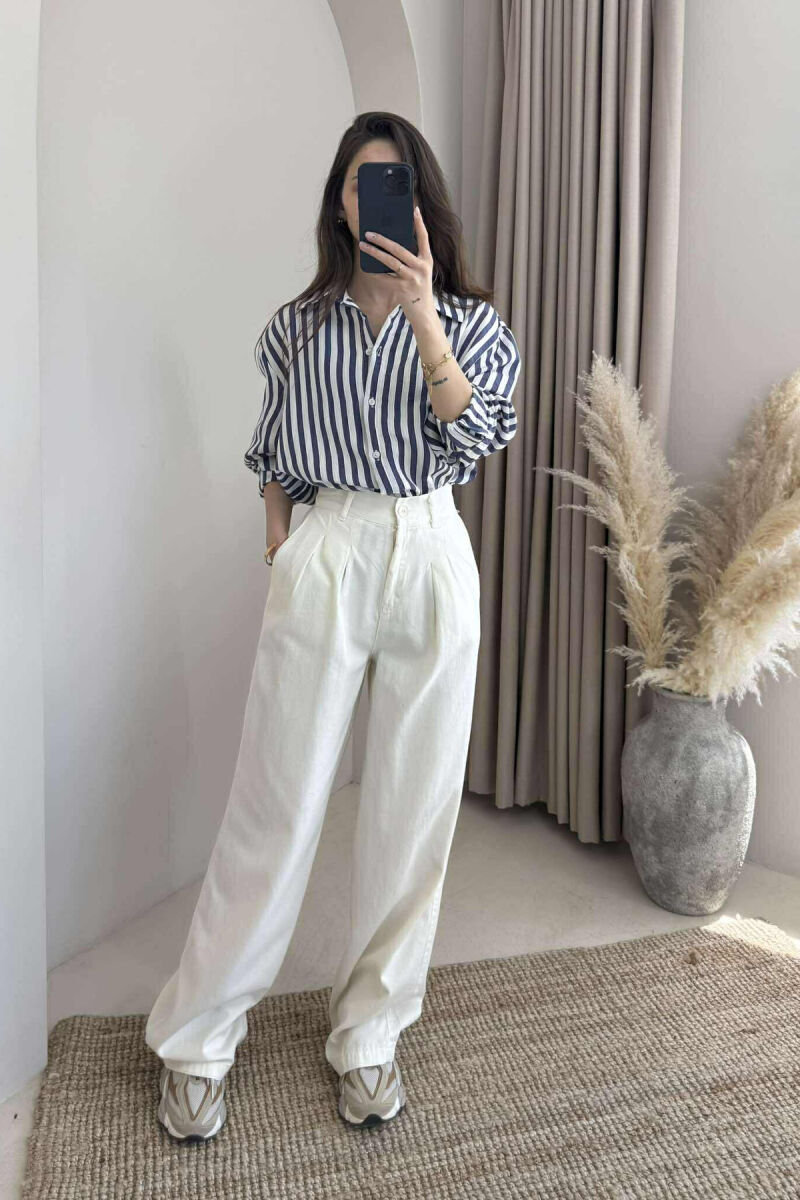 SEMI ELASTIC WAIST WIDE LEG WOMEN TROUSERS CREAM/KREM - 2