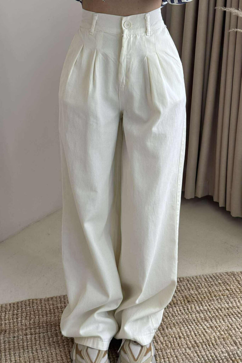 SEMI ELASTIC WAIST WIDE LEG WOMEN TROUSERS CREAM/KREM - 3