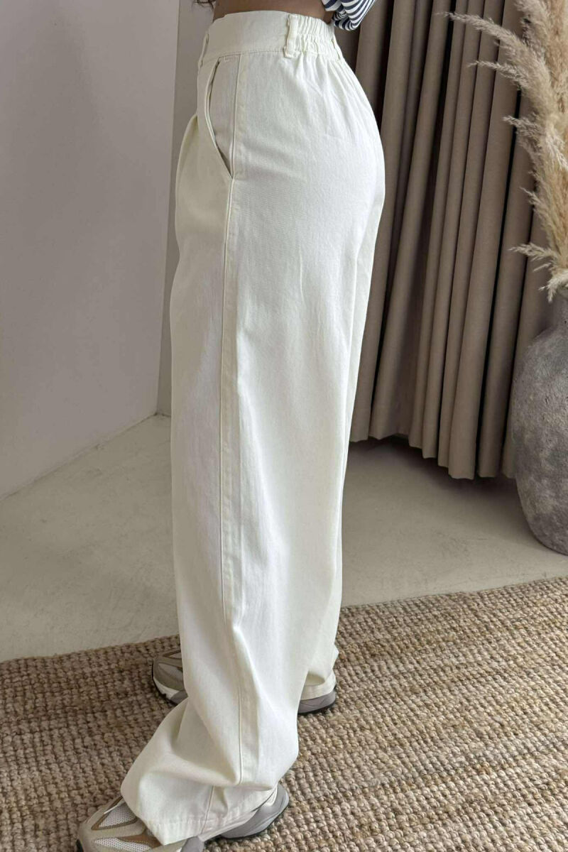 SEMI ELASTIC WAIST WIDE LEG WOMEN TROUSERS CREAM/KREM - 4