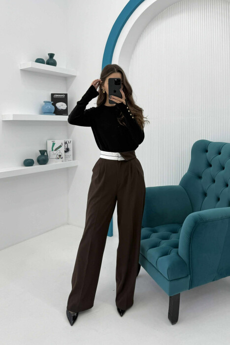 SEMI ELASTIC WIDE LEG WOMEN TROUSERS BROWN/KAFE 