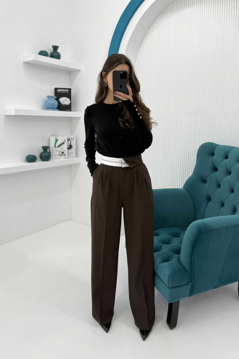 SEMI ELASTIC WIDE LEG WOMEN TROUSERS BROWN/KAFE - 2