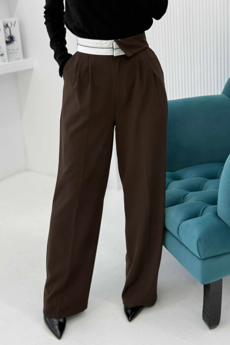 SEMI ELASTIC WIDE LEG WOMEN TROUSERS BROWN/KAFE - 3