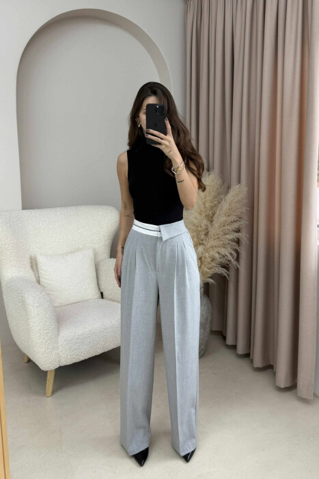 SEMI ELASTIC WIDE LEG WOMEN TROUSERS LIGHT GREY/GZ - KLAUDIO FASHION