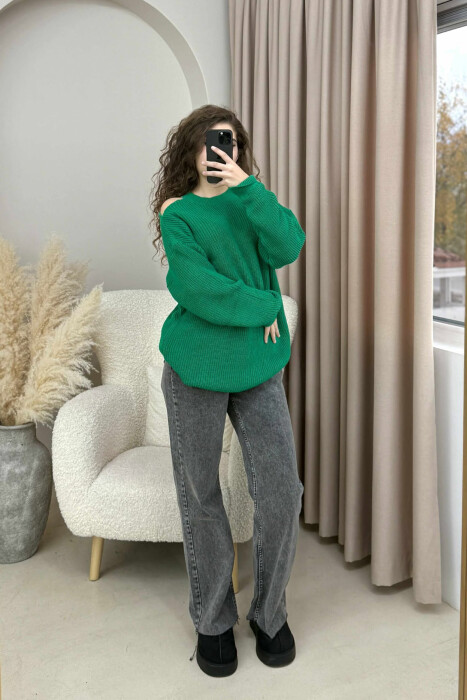 SEMI NECK ONE COLOR WOMEN SWEATER GREEN/JESHILE 