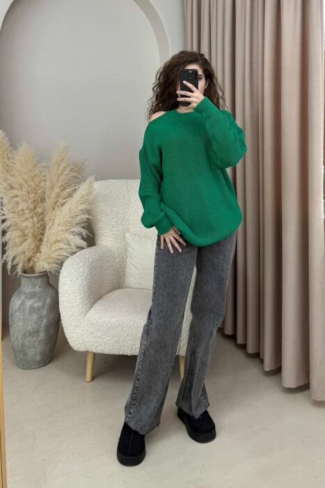 SEMI NECK ONE COLOR WOMEN SWEATER GREEN/JESHILE - 2