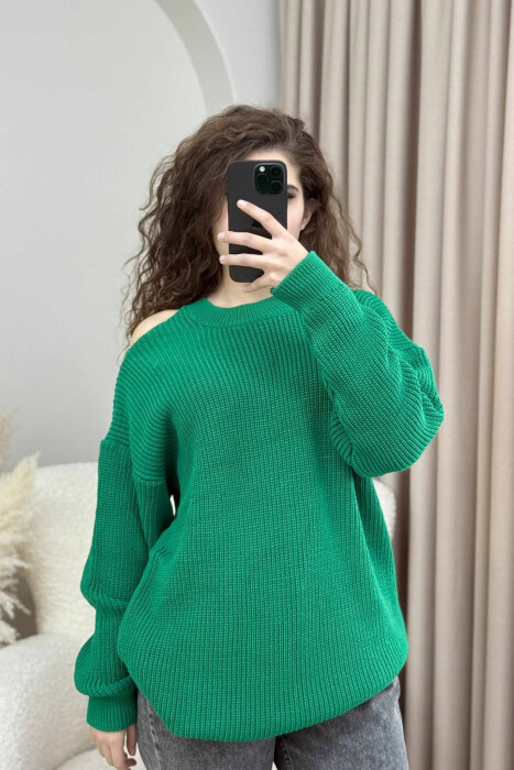 SEMI NECK ONE COLOR WOMEN SWEATER GREEN/JESHILE - 3