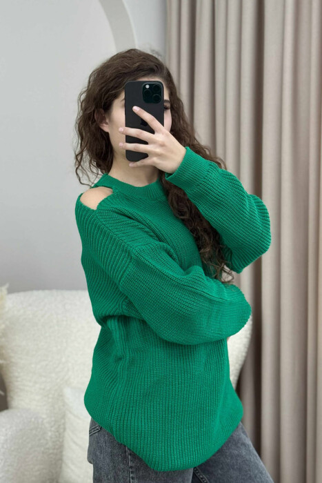 SEMI NECK ONE COLOR WOMEN SWEATER GREEN/JESHILE - 4