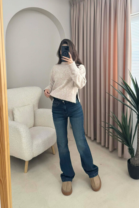 SEMI NECK SIMPLE WOMEN SWEATER BEIGE/BEZHE - 1