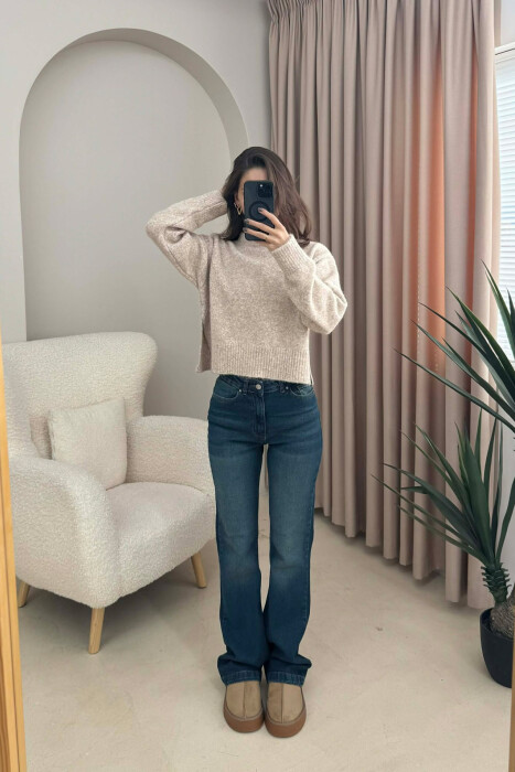 SEMI NECK SIMPLE WOMEN SWEATER BEIGE/BEZHE - 2