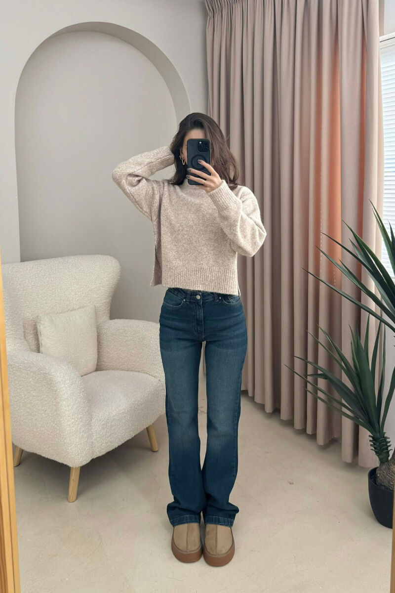 SEMI NECK SIMPLE WOMEN SWEATER BEIGE/BEZHE - 2