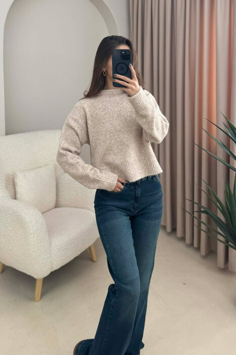 SEMI NECK SIMPLE WOMEN SWEATER BEIGE/BEZHE - 3