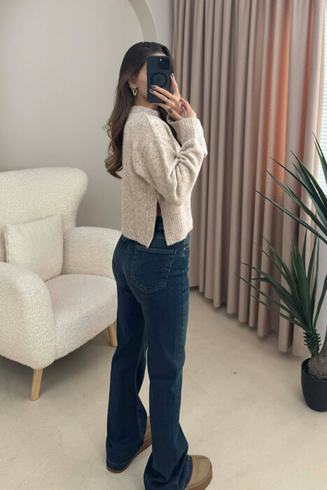 SEMI NECK SIMPLE WOMEN SWEATER BEIGE/BEZHE - 4