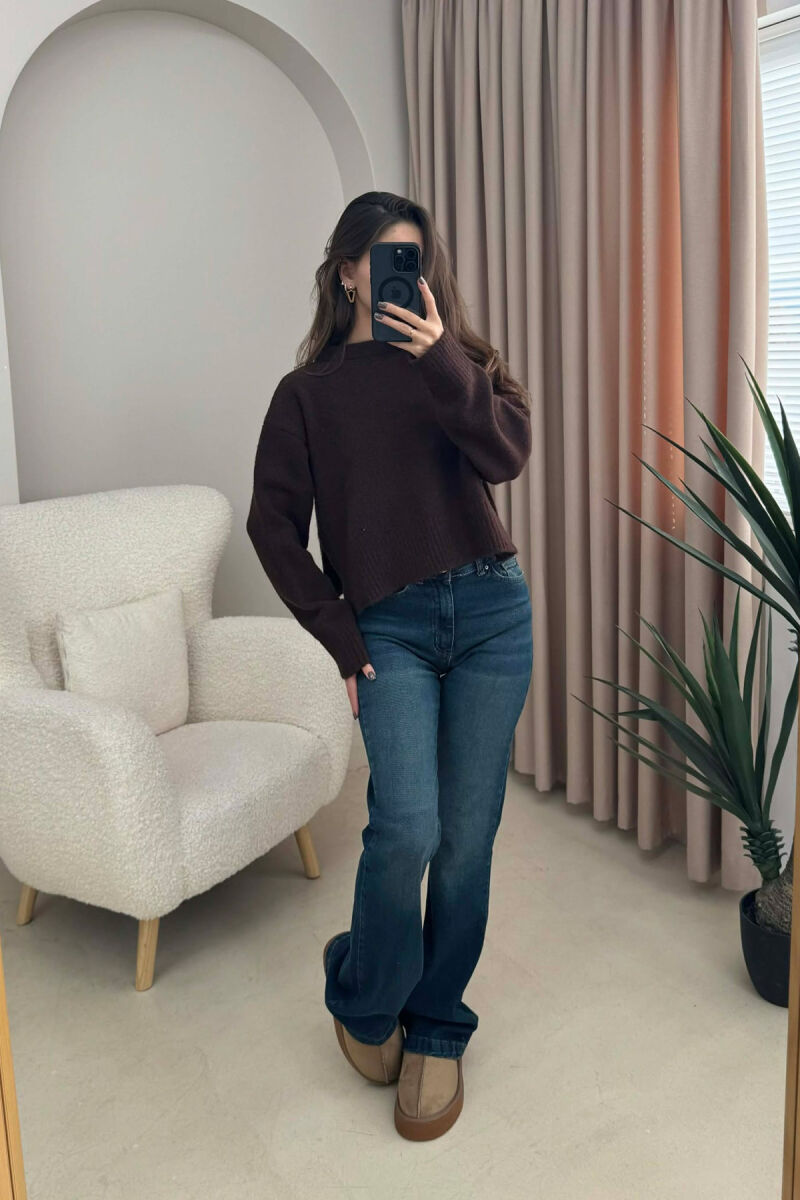 SEMI NECK SIMPLE WOMEN SWEATER DARK BROWN/KAE - 1