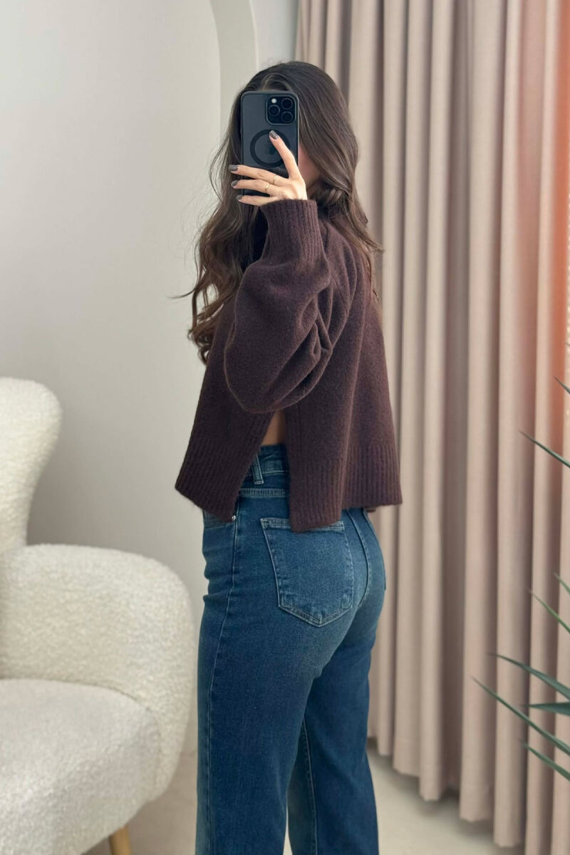 SEMI NECK SIMPLE WOMEN SWEATER DARK BROWN/KAE - 2